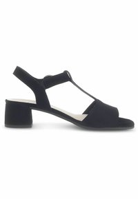 Sandalo nero con retro chiuso, design a T-strap, punta aperta e tacco basso a blocco. Il materiale superiore sembra morbido con una texture liscia.