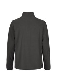 Donkergrijze fleece jas, met een staande kraag en lange mouwen. Glad oppervlak, geen zichtbare hardware of patronen. Eenvoudig, functioneel ontwerp.