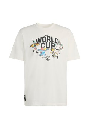 White T-shirt with "FIFA WORLD CUP" text and colorful cartoon football characters playing, including a figure with a large hat and a soccer ball head.