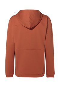 Felpa con cappuccio marrone realizzata in un tessuto testurizzato, con maniche lunghe e tasca a marsupio. Il design è semplice e privo di hardware visibile.