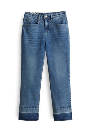 Blaue Jeans aus Denim mit gerade geschnittenem Bein, vier Taschen und einem umgeschlagenen Saum mit einem leicht dunkleren blauen Akzent. Klassische Knopf- und Reißverschlussöffnung.