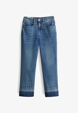 Jeans in denim blu con design a gamba dritta, quattro tasche e orlo rifinito con un accento di blu leggermente più scuro. Chiusura classica con bottone e zip.