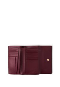 Maroon leather trifold wallet with multiple card slots, a snap button closure, and embossed brand name Borbonese.