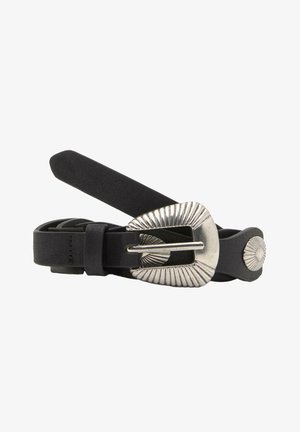 Black leather belt with a silver-tone triangular buckle featuring ribbed accents and a round metal stud detail. Smooth texture and adjustable length.