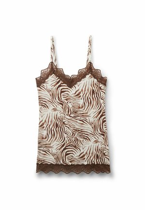Débardeur à imprimé zèbre marron et crème avec bretelles fines, orné d'une bordure en dentelle brun festonnée le long de l'encolure et de l'ourlet. Texture douce.