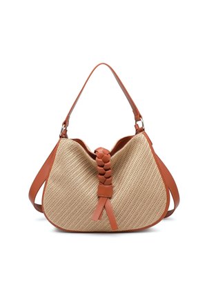 Beige geweven handtas met bruine leren rand, gevlochten leren detail aan de voorkant, enkele bovenhengsel en verstelbare schouderband.