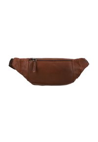 Marsupio in pelle marrone con chiusura a zip superiore, forma arrotondata e tracolla regolabile. Texture liscia con una leggera lucentezza.