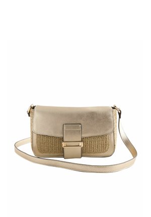 Kleine beige crossbodytas met geweven voorpaneel, klepafsluiting, gouden rechthoekige gesp en verstelbare schouderriem.