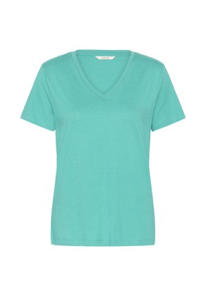 Turkusowa koszula z krótkim rękawem, dekoltem w kształcie litery V, gładkim wzorem oraz małą metką marki wewnątrz kołnierzyka.