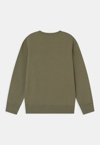 Olivově zelená mikina s dlouhými rukávy, žebrovanými manžetami a kulatým límcem; měkká textura a ležérní design; bez viditelného loga.