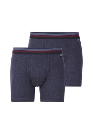 Dunkelblaue Boxershorts mit einem weichen elastischen Bund, der mit kastanienbraunen und hellblauen Streifen versehen ist, aus glattem, dehnbarem Stoff gefertigt.