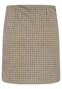 Falda de cuadros en tonos marrón y beige, con un diseño estructurado y recto, bolsillos laterales ocultos y una superficie de tela texturizada.