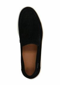 Black suede slip-on shoe with white rubber sole and smooth brown insole. Features a rounded toe and minimal stitching detail.