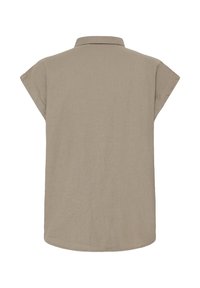Chemise beige à manches courtes avec un col classique, vue de dos, présentant une coupe ample et carrée ainsi qu'un ourlet simple.