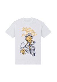 Bílý bavlněný tričko s potiskem postavy na motorce se psem, vytištěné v tmavě modré a žluté barvě.