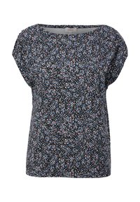 Blouse noire manches courtes avec une coupe ample, présentant un petit imprimé floral abstrait dispersé en bleu, rose et blanc.