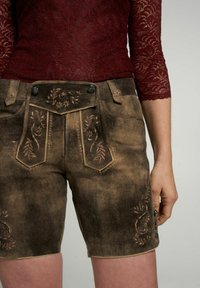 Braune bestickte Shorts aus strukturiertem Material mit floralen Designs, Knopfdetails und einem Reißverschluss sowie dekorativen Taschen.