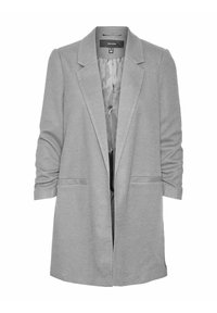 Jasnoszary żakiet wykonany z teksturowanej tkaniny, z kołnierzem z wycięciem, długimi rękawami, otwartym przodem i dwiema przednimi kieszeniami.