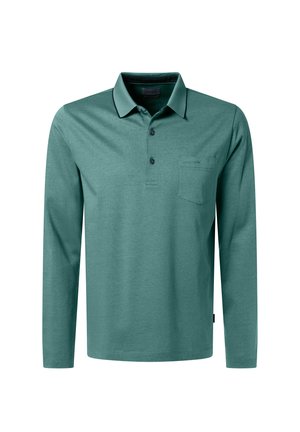 Langarm-Türkis Poloshirt mit drei Knöpfen, einer kleinen Brusttasche und einem schwarzen Saum am Kragen.