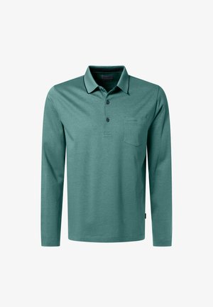 Langarm-Türkis Poloshirt mit drei Knöpfen, einer kleinen Brusttasche und einem schwarzen Saum am Kragen.