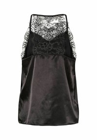 Crna satenasta majica s dugim rukavima koja ima čipkastu pozadinu, V-izrez i podešavajuće naramenice. Glatka tekstura s opuštenim krojem.