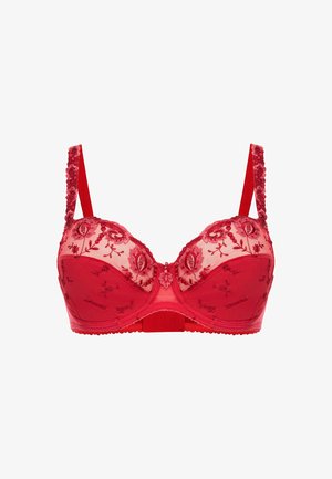 Rode kanten bh met bloemborduursels, doorschijnende cups, gevoerde beugel en decoratieve bandjes. Heeft een centraal edelsteenaccent en golvende randen.