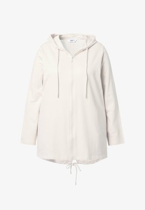 Lichtbeige ritshoodie met een trekkoordkap, lange mouwen en verstelbare zoom. Zachte stof met een comfortabele pasvorm en een eenvoudig ontwerp.