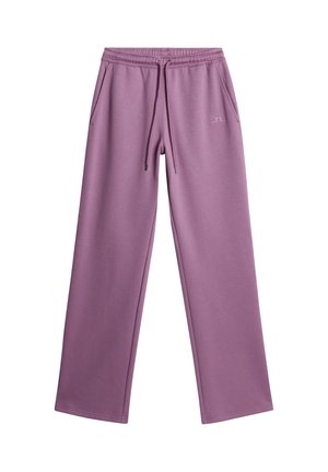 Pantaloni della tuta viola realizzati in tessuto morbido, con vita regolabile, tasche laterali e una vestibilità comoda. Texture liscia con un branding discreto.
