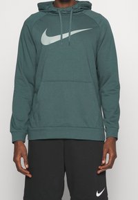 Sweat à capuche Nike vert avec une poche kangourou à l'avant, un cordon de serrage pour la capuche et un grand logo swoosh gris clair sur la poitrine. Manches longues et poignets côtelés.