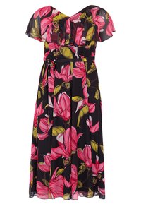 Blumen-Maxikleid mit kurzen Flatterärmeln. Schwarzer Grundton mit großen rosa und grünen Magnolienmustern. Enthält einen Taillengürtel zur Anpassung der Passform.
