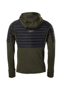 Veste à capuche en tissu olive avec un rembourrage matelassé noir sur le haut du dos et les manches, avec le logo "Swedemount" centré dans le dos.