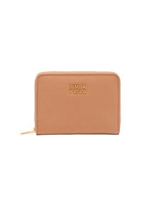 Svetlohnedá obdĺžniková peňaženka so zlatým zipsom a textom "BIMBA Y LOLA" zlatou farbou embosovaným na prednej časti.