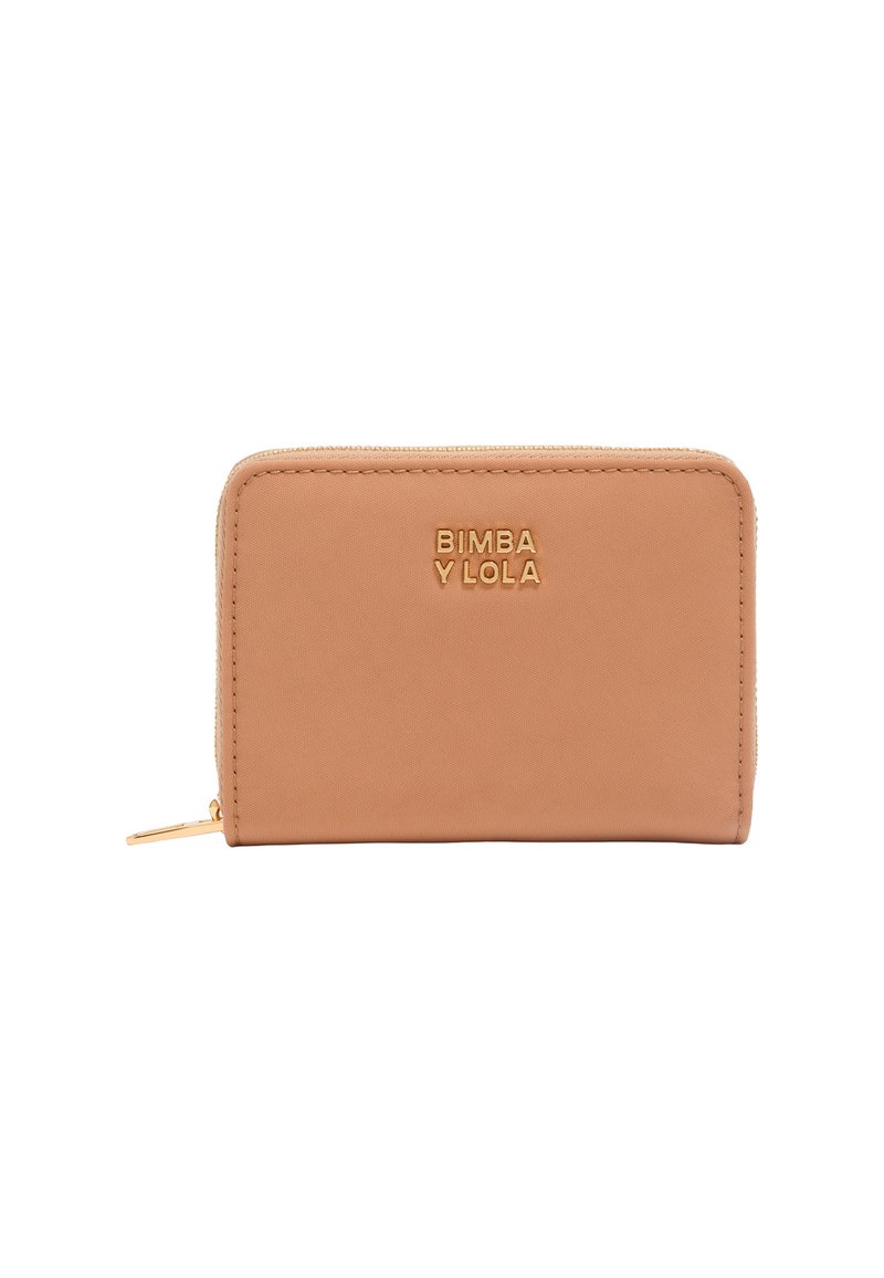 Svetlohnedá obdĺžniková peňaženka so zlatým zipsom a textom "BIMBA Y LOLA" zlatou farbou embosovaným na prednej časti.