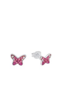 Orecchini a forma di farfalla con pietre rosa e trasparenti incastonate in metallo argento. Superficie testurizzata con dettagli minori nel design.