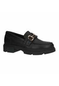 Zwarte leren loafers met een lage blokhak, voorzien van een decoratieve gouden gesp op de band en een gladde, gestructureerde afwerking.