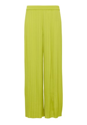 Pleated wide-leg trousers in bright lime green fabric, featuring a soft elastic waistband and flowing, lightweight texture.