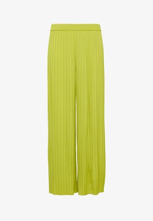 Plisowane spodnie typu wide-leg w jasnym limonkowym kolorze, z miękkim elastycznym paskiem w talii i przewiewną, lekką teksturą.