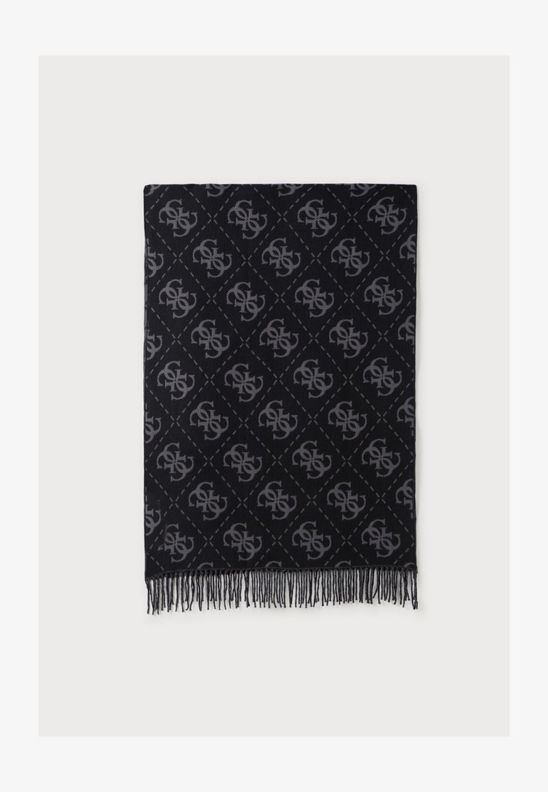 Écharpe rectangulaire noire avec motif monogramme gris répété et franges noires à une extrémité sur un fond clair.