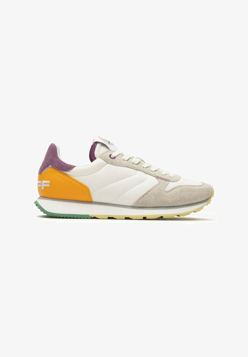 Sport sneakers featuring a white mesh upper, gray suede accents, orange and purple heel details, and a textured sole in green and yellow.