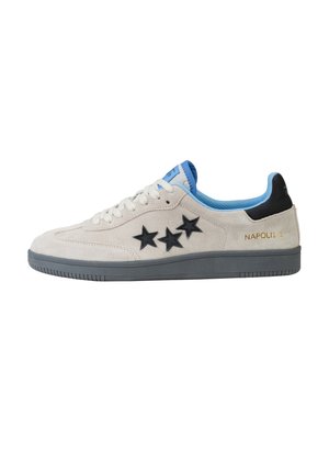 Beige suede sneaker with three black stars on the side, light blue inner lining, black heel tab, gray sole, and "NAPOLI 1" in gold text.