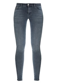 Jeans ajustados en denim azul oscuro, con una textura suave, diseño de cinco bolsillos y un cierre frontal con botón y cremallera.