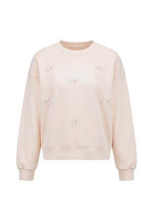 Lyserød sweatshirt med lange ærmer og små dekorative sløjfer jævnt fordelt på forsiden, ensfarvet baggrund.
