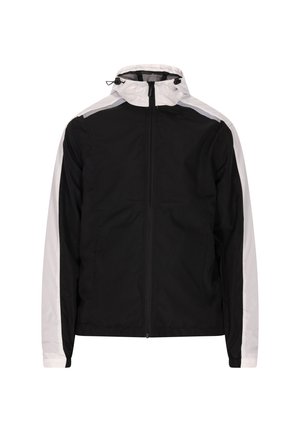 Čierno-bielý vetrovka s predným zipsom, nastaviteľnou kapucňou a kontrastnými bočnými panelmi. Ľahký, hladký materiál.