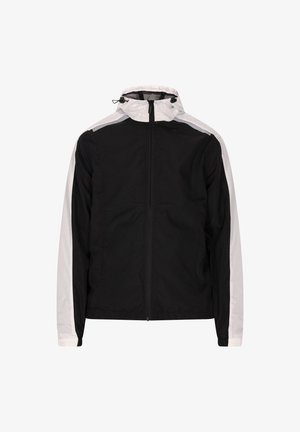 Melna un balta vēja jaka ar rāvējslēdzēju priekšpusē, regulējamu kapuci un kontrastējošām sānu paneļiem. Viegls, gluds auduma tekstūras.