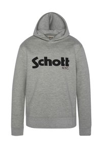 Felpa grigia realizzata in tessuto morbido, caratterizzata da un grande logo nero "Schott" e da testo "N.Y.C." in bordeaux. Include una tasca a marsupio frontale e cappuccio regolabile.