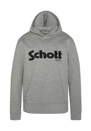 Haut à capuche gris en tissu doux, arborant un grand logo noir "Schott" et le texte "N.Y.C." en bordeaux. Comprend une poche kangourou à l'avant et une capuche ajustable.