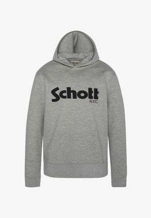 Felpa grigia realizzata in tessuto morbido, caratterizzata da un grande logo nero "Schott" e da testo "N.Y.C." in bordeaux. Include una tasca a marsupio frontale e cappuccio regolabile.