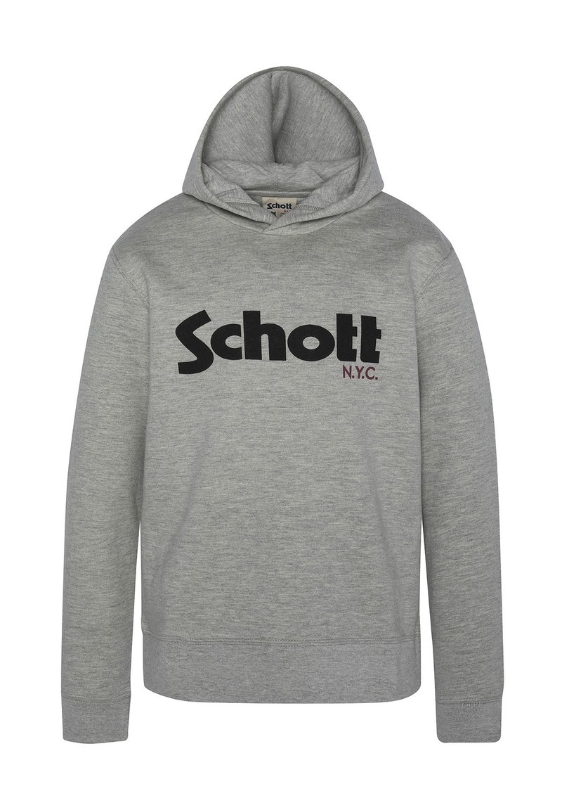 Felpa grigia realizzata in tessuto morbido, caratterizzata da un grande logo nero "Schott" e da testo "N.Y.C." in bordeaux. Include una tasca a marsupio frontale e cappuccio regolabile.