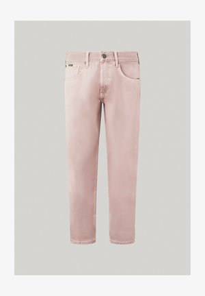 Jeans de mezclilla rosa claro con un diseño clásico de cinco bolsillos, que cuentan con un cierre de botón, un corte recto y una textura sutil.