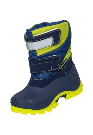 Blue and yellow waterproof winter boot with a textured rubber sole, adjustable Velcro straps, and padded upper for warmth.